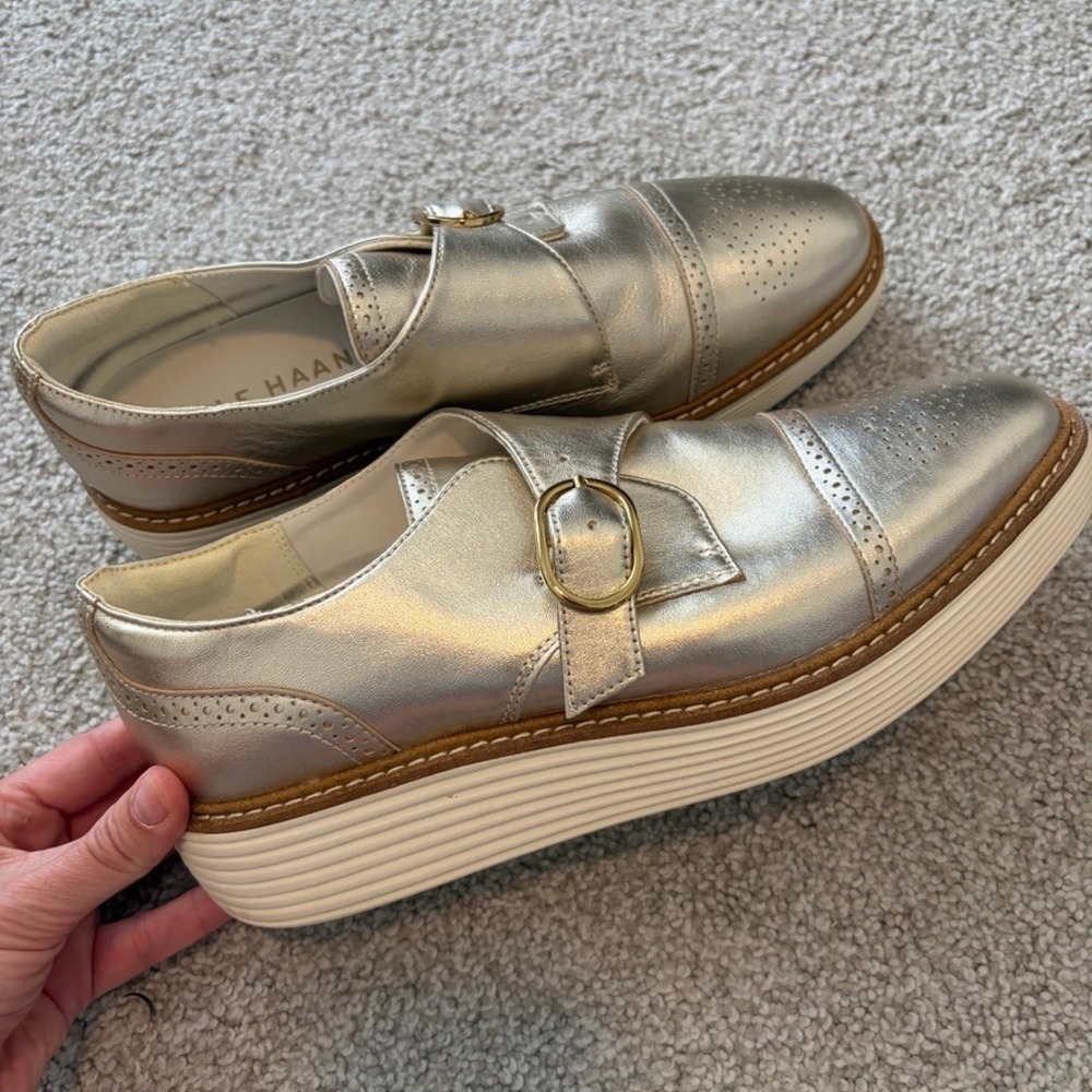 Cole Haan Platform Oxford Shoes Womens 9 Gold Metallic Monk Strap OriginalGrand